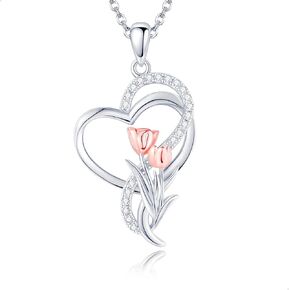 Tulip Sunflower Rose Lily of the Valley Necklace 925 Sterling Silver Flower Heart Pendant Necklace Flower Jewelry Gifts for Women Mother Flower Lover
