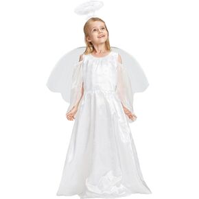 IKALI Kids Girls White Angel Costume with Wings Halo Heavenly Angel Fancy Dress Outfit for Christmas 4-12 Years