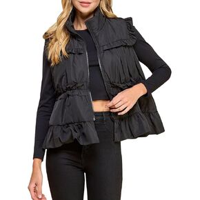 Womens Ruffle Puffer Vest Winter Warm Zip Up Stand Collar Back Bow Padded Gilet with Pockets