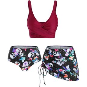 DRESSFO Women's High Waisted Bikini Sets with Cover Up Skirt 3 Piece Gothic Skull Swimsuit Padded Tummy Control Bathing Suit