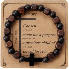 MILAKOO Wooden Bracelet with Black Stainless Steel Cross Charms Bead Christian Gifts for Women Men