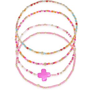 Gold Colorful Cross Seed Beads Stretch Stack Bracelets Set for Women, Trendy Handmade Beaded Elastic Stackable Friendship Bracelet Holiday Fashion Jewelry Gift