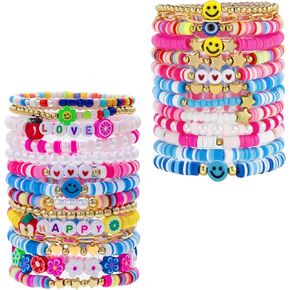 Friendship Bracelets Set Colorful White Gold Smile Heart Star Evil Eye Beaded Polymer Clay Stackable Layering Bracelets Surfer Stretch Bracelets for Women
