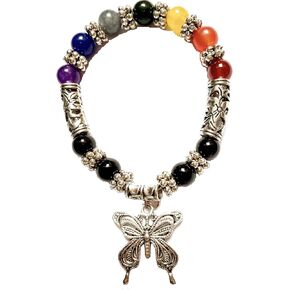 Seven Chakra Agate Stone Beads Bracelet with Butterfly Charm - Holistic Gemstone Bracelet for Women