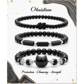 3Pcs Money Attraction Cat Bracelet - Black Obsidian Women Bracelets -Wealth Prosperity Abundance Stone Bead Bracelet,Crystal Spiritual Cute Protection Stretch Bracelet,Good Luck Feng Shui Bracelets For Women Gifts