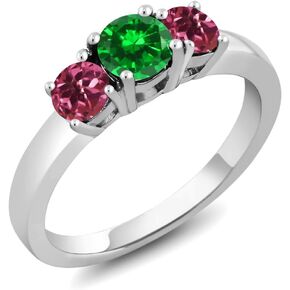 Gem Stone King 925 Sterling Silver Green Simulated Emerald and Pink Tourmaline Women Ring 1.32 Cttw, Gemstone Birthstone