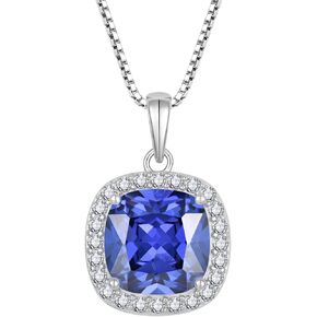 Birthstone Necklace for Women 925 Sterling Silver Princess Cut Halo Necklace Pendant Jewelry Gifts for Her