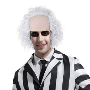 Men Bald Fluffy Wavy Clown Wig for Adult Unisex Ombre Wavy Wig for Halloween Cosplay Party (Silver Yellow)