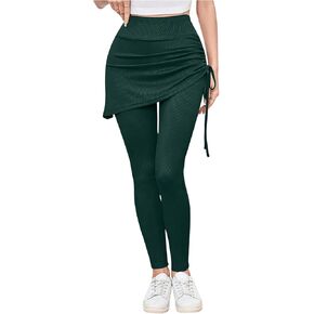 Women's 2 in 1 High Waisted Drawstring Side Ruched Skirted Leggings Slim Fit Workout Lounge Bottoms
