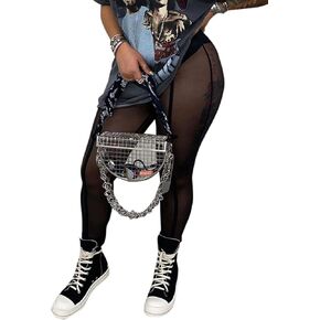 NRTHYE Women Sexy See-Through Elastic Pencil Pants Mesh Leggings Black High Waist Casual Sweatpants Tights