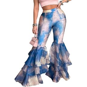 Women's Multi Ruffle Hem Flared Pants Printed High Waisted Bell Bottoms Fashion Trousers Bodycon Pants