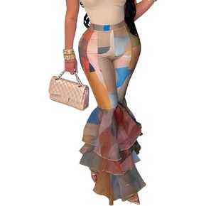 Women's Multi Ruffle Hem Flared Pants Printed High Waisted Bell Bottoms Fashion Trousers Bodycon Pants in Kuwait
