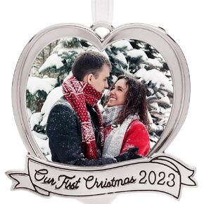Our First Christmas Ornament – Wedding Ornaments 2024 – Heart Picture Frame Ornament with Silver Ribbon – 2024 Christmas Ornament for Engaged or Newlyweds