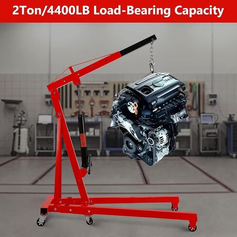 2 Ton Engine Hoist Stand, 4400 Lbs Heavy Duty Folding Cherry Picker Engine Shop Crane Lever with 6 Caster Wheels, Red in Saudi Arabia