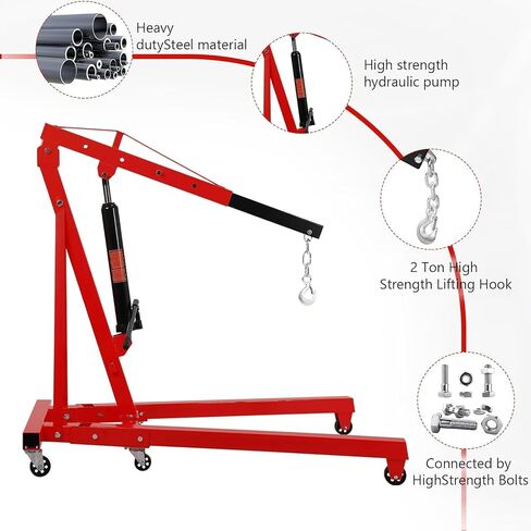 2 Ton Engine Hoist Stand, 4400 Lbs Heavy Duty Folding Cherry Picker Engine Shop Crane Lever with 6 Caster Wheels, Red in Saudi Arabia