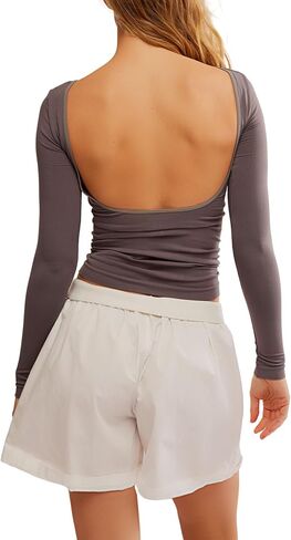 Free People Women's Low Back Seamless Long Sleeve Dark Gull Gray,X-Small-Small in Saudi Arabia