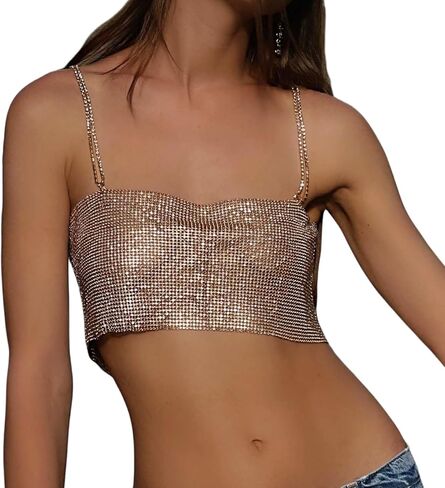 Women Shiny Rhinestone Spaghetti Strap Crop Top Sexy Crystal Backless Tank Tops Cami for Party Nightclub Festival in Saudi Arabia