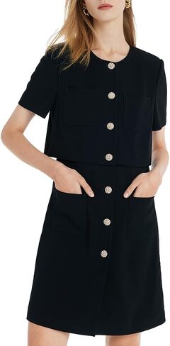 Women's Triacetate Black Mini Dress, Business Casual A Line V-Neck Button Front Dresses for Teacher Office Work in Kuwait