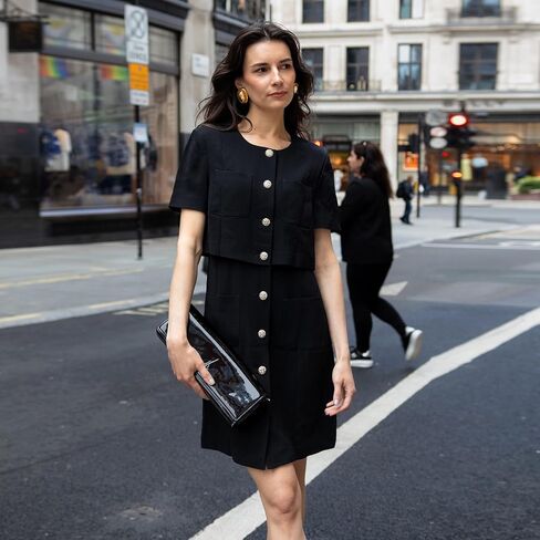 Women's Triacetate Black Mini Dress, Business Casual A Line V-Neck Button Front Dresses for Teacher Office Work in Kuwait