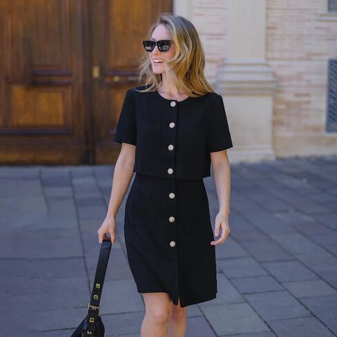 Women's Triacetate Black Mini Dress, Business Casual A Line V-Neck Button Front Dresses for Teacher Office Work in Kuwait