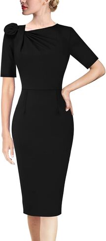 VFSHOW Womens Pleated Asymmetric Bow Neck Work Business Office Cocktail Party Pencil Sheath Dress in Saudi Arabia