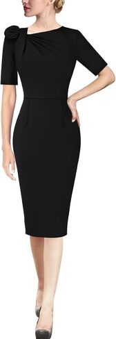 VFSHOW Womens Pleated Asymmetric Bow Neck Work Business Office Cocktail Party Pencil Sheath Dress in Saudi Arabia