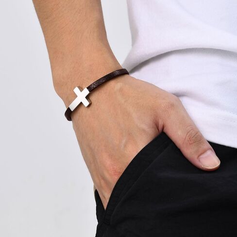 Mens Leather Cross Bracelet for Men, Christian Gift Mens Cross Bracelets, Adjustable Jesus Faith Religious Easter Catholic Communion Baptism Christmas Jewelry Gift for Men in Saudi Arabia