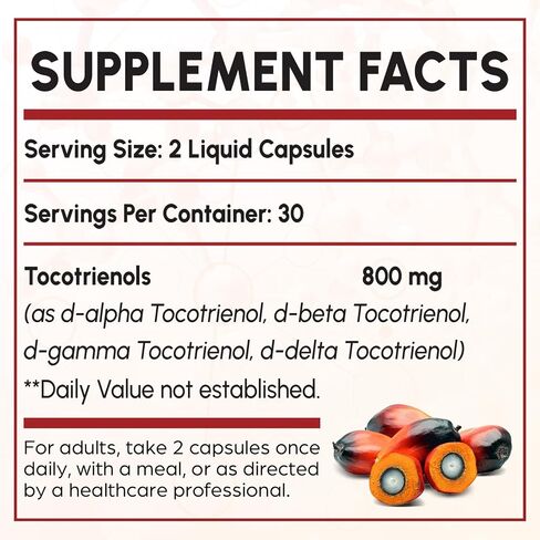 Tocotrienol Supplement Full Spectrum, Cutting-edge Fusion Technology, Tocotrienol Vitamin E-Tocotrienols 800mg,Powerful Antioxidant,Cardiovascular,Highest Absorption Rate - 60 Liquid-Filled Capsules in Saudi Arabia