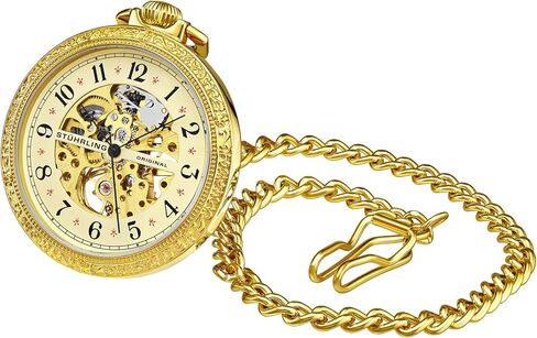 ساعة جيب أوتوماتيكية للرجال من Stuhrling Orignal بمينا هيكل عظمي وحركة ميكانيكية مع سلسلة من الفولاذ المقاوم للصدأ - توقيت مزدوج AM/PM Sun Moon Subdial in Saudi Arabia