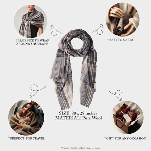 Wraps&Wool 100% Wool Checkered Shawl for Women, Pure Wool Ultra Soft Plaid Pashmina Shawl Wrap, Cashmere Soft Scarf in Saudi Arabia