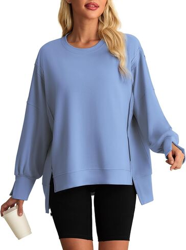 AWULIFFAN Womens Oversized Reverse Seam Sweatshirt Casual Long Sleeve Crewneck Pullover Tops Side Slit Fashion Sweatshirts in Kuwait