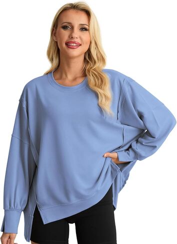 AWULIFFAN Womens Oversized Reverse Seam Sweatshirt Casual Long Sleeve Crewneck Pullover Tops Side Slit Fashion Sweatshirts in Kuwait