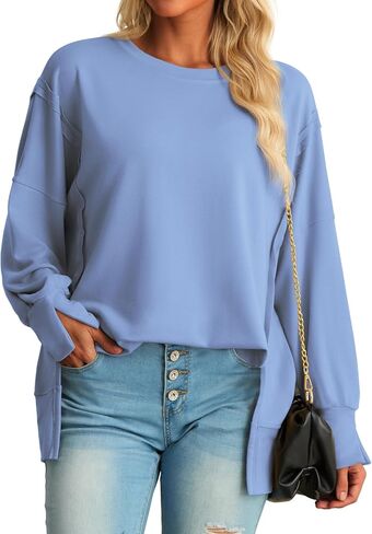AWULIFFAN Womens Oversized Reverse Seam Sweatshirt Casual Long Sleeve Crewneck Pullover Tops Side Slit Fashion Sweatshirts in Kuwait