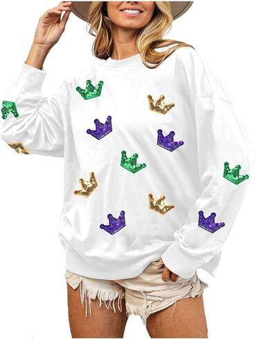 MOUSYA Mardi Gras Sequin Crown Sweatshirt Woman Fat Tuesday Shirt Saints New Orleans Party Shirts Long Sleeve Casual Tops in Saudi Arabia