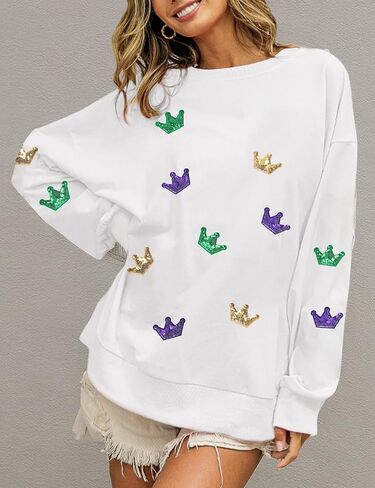 MOUSYA Mardi Gras Sequin Crown Sweatshirt Woman Fat Tuesday Shirt Saints New Orleans Party Shirts Long Sleeve Casual Tops in Saudi Arabia