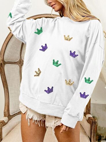 MOUSYA Mardi Gras Sequin Crown Sweatshirt Woman Fat Tuesday Shirt Saints New Orleans Party Shirts Long Sleeve Casual Tops in Saudi Arabia