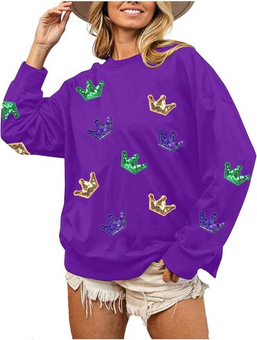 MOUSYA Mardi Gras Sequin Crown Sweatshirt Woman Fat Tuesday Shirt Saints New Orleans Party Shirts Long Sleeve Casual Tops in Kuwait