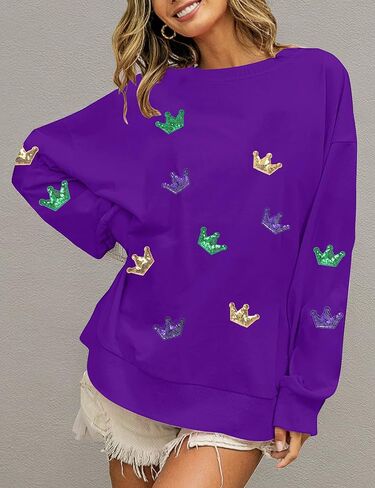 MOUSYA Mardi Gras Sequin Crown Sweatshirt Woman Fat Tuesday Shirt Saints New Orleans Party Shirts Long Sleeve Casual Tops in Kuwait