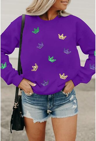 MOUSYA Mardi Gras Sequin Crown Sweatshirt Woman Fat Tuesday Shirt Saints New Orleans Party Shirts Long Sleeve Casual Tops in Kuwait