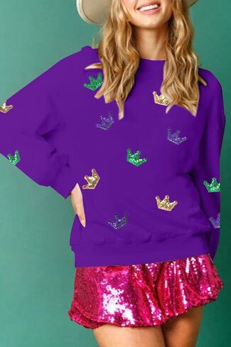 MOUSYA Mardi Gras Sequin Crown Sweatshirt Woman Fat Tuesday Shirt Saints New Orleans Party Shirts Long Sleeve Casual Tops in Kuwait