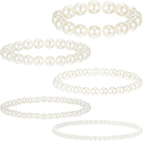 Molain 5 Pcs Pearl Bracelets for Women Stretch Strand Bracelets Pearl Bracelets Bridal Wedding Elastic Bracelets Stackable Faux Pearl Bracelets for Lady Party Jewelry Pearl Beaded Bracelets in Saudi Arabia