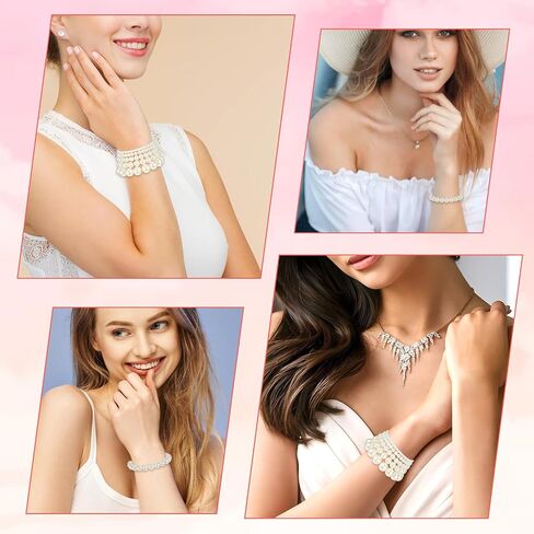 Molain 5 Pcs Pearl Bracelets for Women Stretch Strand Bracelets Pearl Bracelets Bridal Wedding Elastic Bracelets Stackable Faux Pearl Bracelets for Lady Party Jewelry Pearl Beaded Bracelets in Saudi Arabia