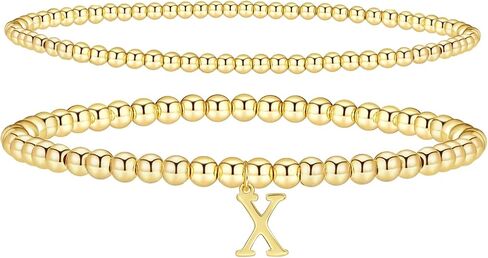 Gold Bracelets for Women, 14K Gold Plated Initial Beaded Bracelets Gold Stretch Bead Bracelet Stack Set Adjustable Gold Jewelry for Women in Saudi Arabia