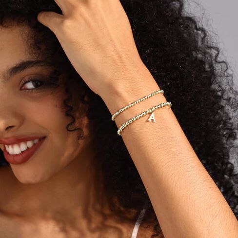 Gold Bracelets for Women, 14K Gold Plated Initial Beaded Bracelets Gold Stretch Bead Bracelet Stack Set Adjustable Gold Jewelry for Women in Saudi Arabia