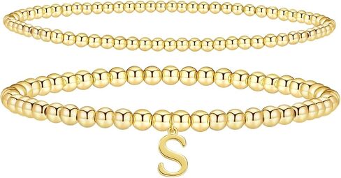 Gold Bracelets for Women, 14K Gold Plated Initial Beaded Bracelets Gold Stretch Bead Bracelet Stack Set Adjustable Gold Jewelry for Women in Saudi Arabia