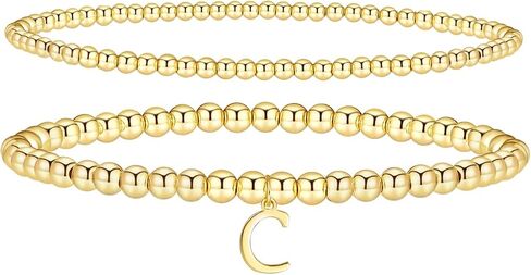 Gold Bracelets for Women, 14K Gold Plated Initial Beaded Bracelets Gold Stretch Bead Bracelet Stack Set Adjustable Gold Jewelry for Women in Saudi Arabia