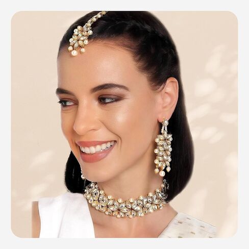 Aheli Gold Plated Kundan Jewelry Necklace with Earring Set Gift for Women in Saudi Arabia