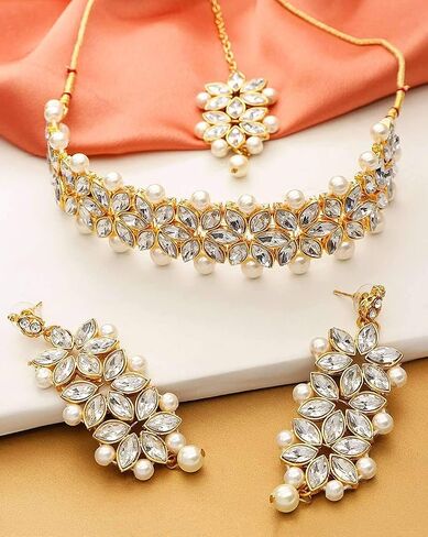 Aheli Gold Plated Kundan Jewelry Necklace with Earring Set Gift for Women in Saudi Arabia