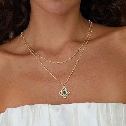 Fettero Layered Gold Necklaces for Women Dainty Necklace 14K Gold Plated Layered Necklaces Trendy Charm Floral Clover Pendant Necklace Stack Neckalce Jewelry Set for Engagement Birthday in Kuwait