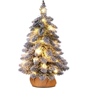 Small Christmas iree with Lights and Burlap BagWooden Base, Snow Flocked Pre-lit Artificial MiniXmas Tree for Tabletop Decor, 18 Inch